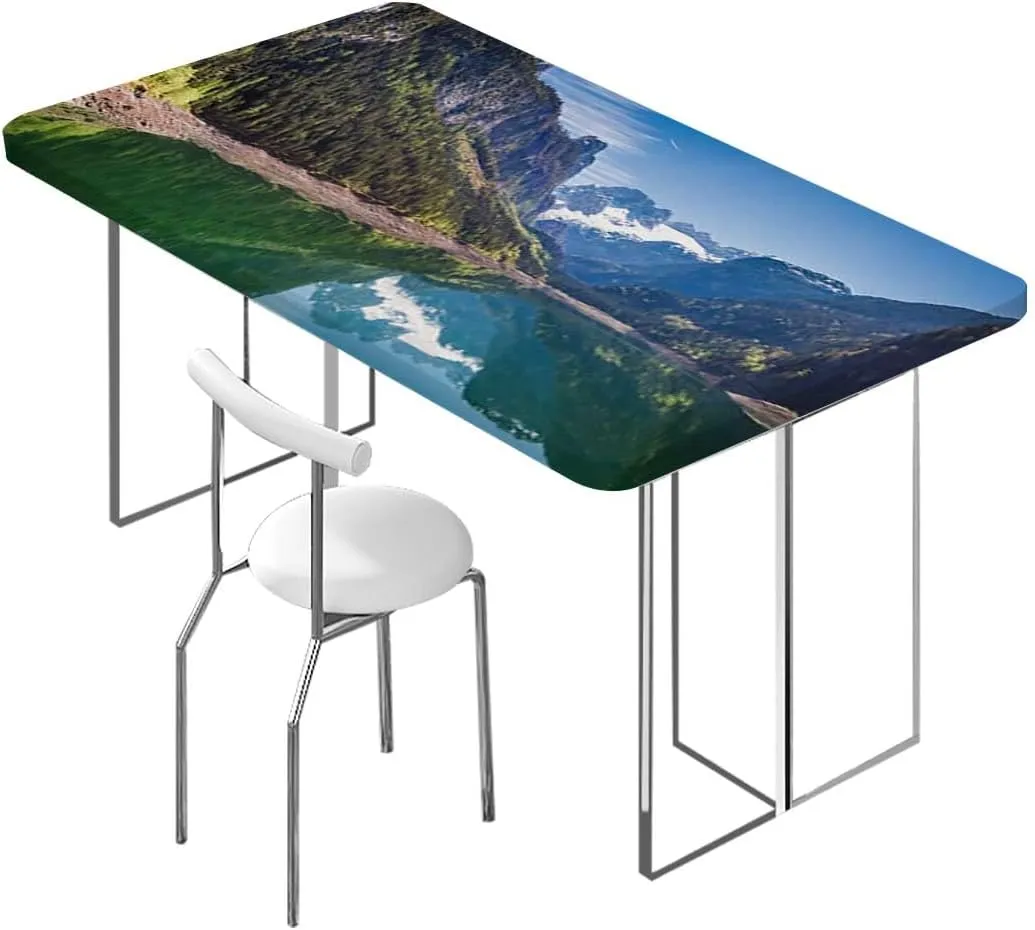 OOzie Green Blue Rectangle Table Cloth Cover, Cloudy Sky Reflections Waterscape Fitted Tablecloth Elastic Edge Table Cloth for Party Dining Home Picnic Lake Summertime Fits up 4 Foot Tables