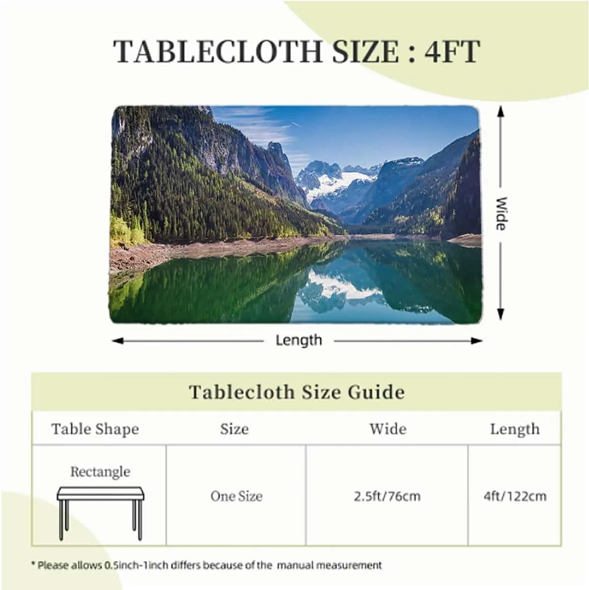OOzie Green Blue Rectangle Table Cloth Cover, Cloudy Sky Reflections Waterscape Fitted Tablecloth Elastic Edge Table Cloth for Party Dining Home Picnic Lake Summertime Fits up 4 Foot Tables