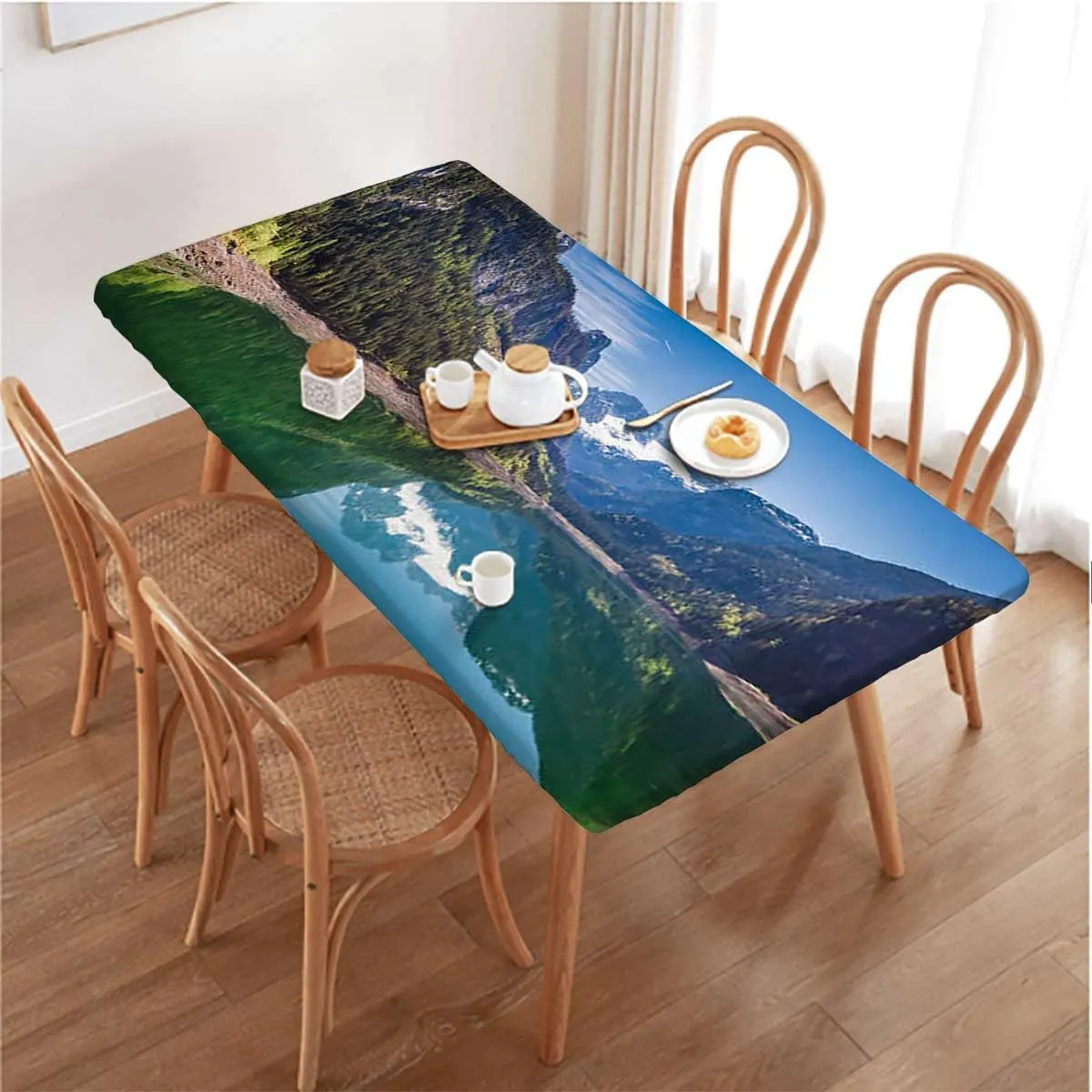 OOzie Green Blue Rectangle Table Cloth Cover, Cloudy Sky Reflections Waterscape Fitted Tablecloth Elastic Edge Table Cloth for Party Dining Home Picnic Lake Summertime Fits up 4 Foot Tables