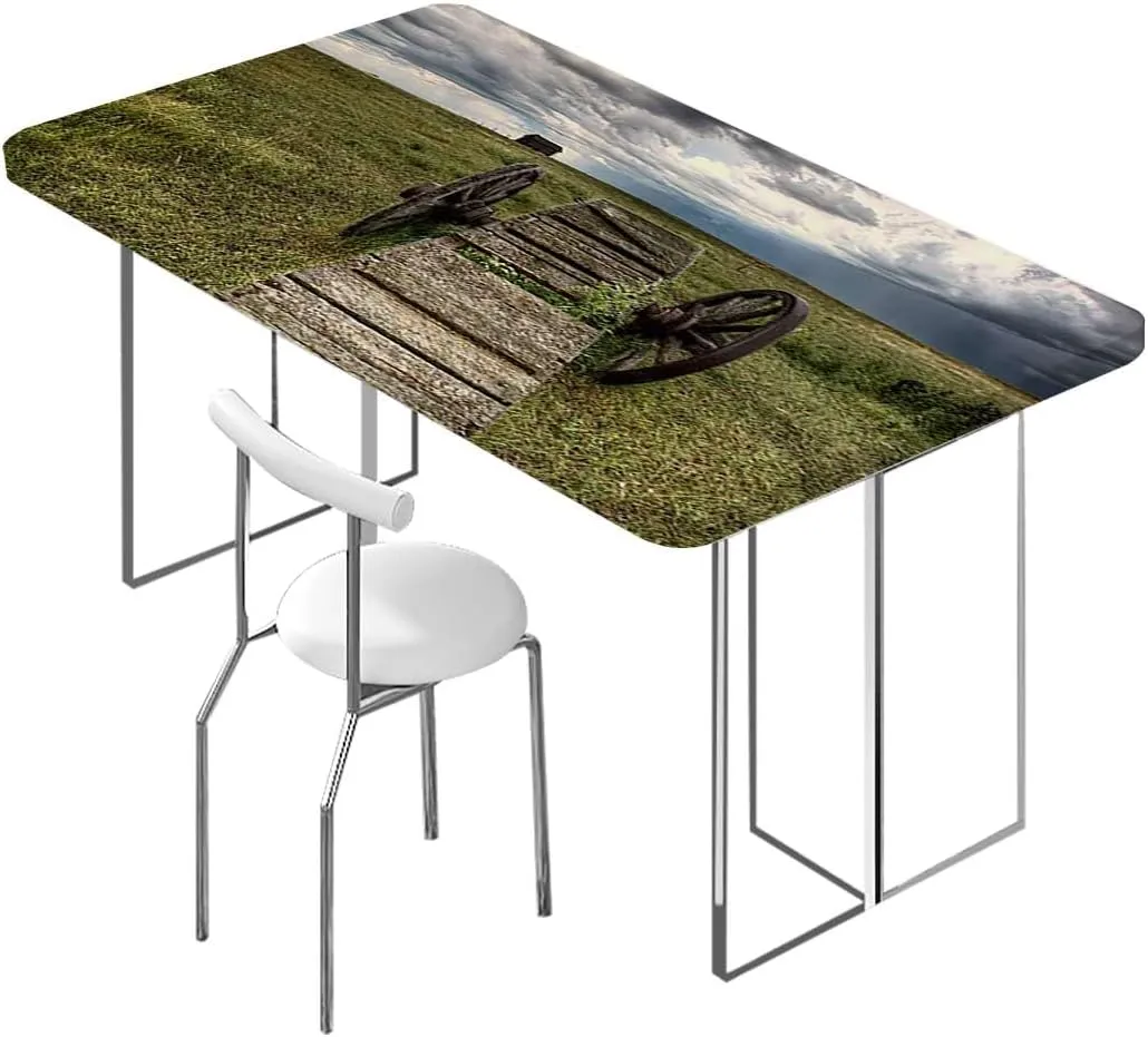 OOzie Green Brown Grey Fitted Tablecloth Old Prairie Field Ranch Tablecloth ?Suitable for Camping Party and Picnic Barn Wood Wagon Fits up 4 Foot Tables