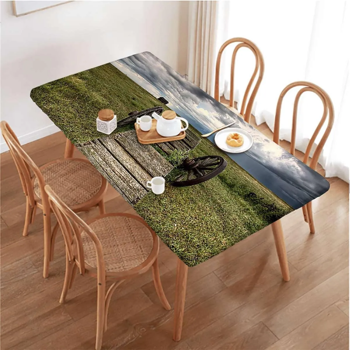 OOzie Green Brown Grey Fitted Tablecloth Old Prairie Field Ranch Tablecloth ?Suitable for Camping Party and Picnic Barn Wood Wagon Fits up 4 Foot Tables