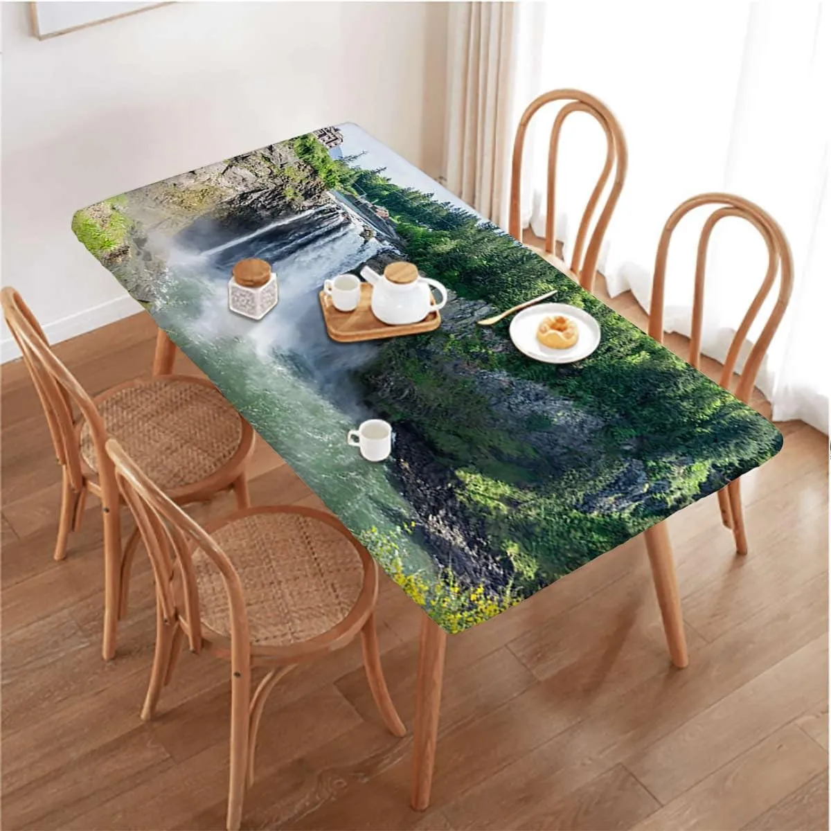OOzie Green Fitted Tablecloth for Rectangle Table Park Alpine Forest Natural Scenic Waterproof Tablecloths for Picnic, Camping, Indoor, Outdoor Farm House Decor Fits up 5 Foot Tables
