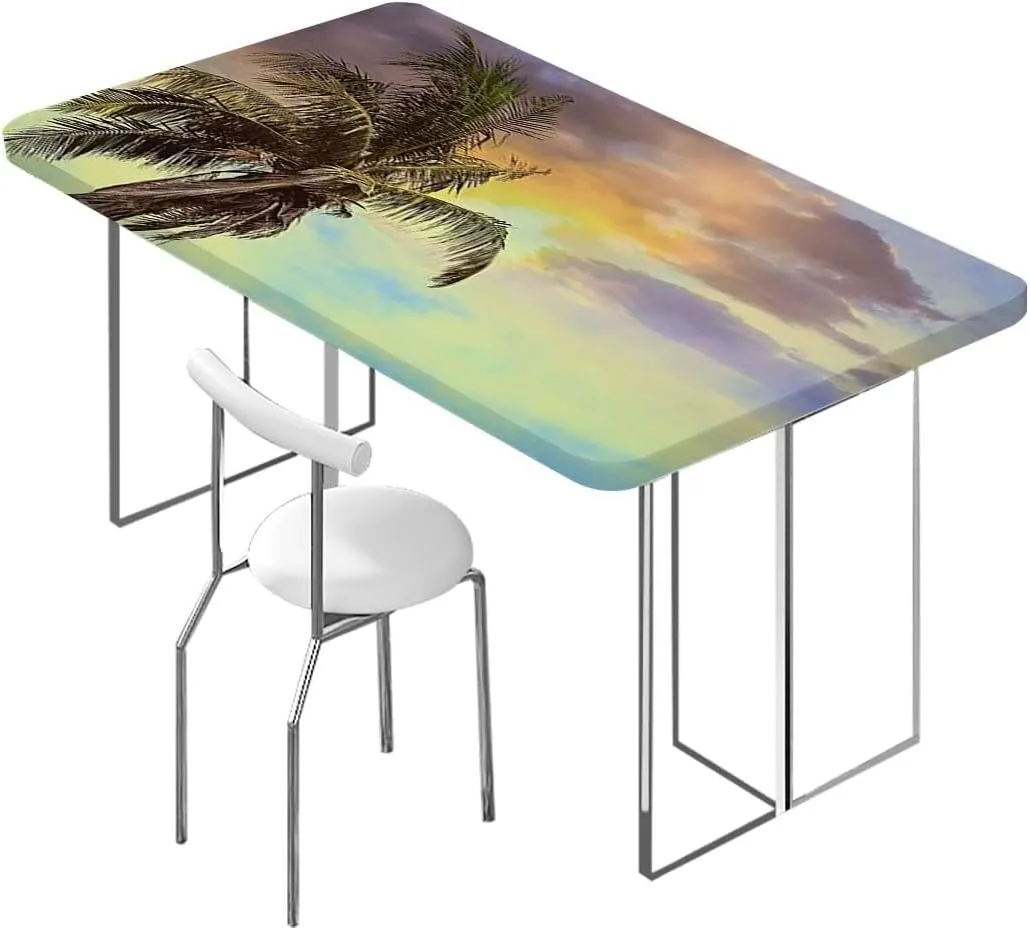 OOzie Green White Teal Elastic Edged Table Covers Hawaiian Beach Palm Trees Table ​Cover ​for Kitchen Dining Party Picnic Exotic Fits up 5 Foot Tables
