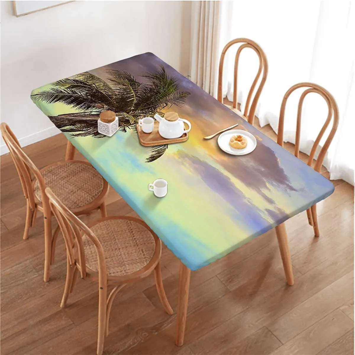 OOzie Green White Teal Elastic Edged Table Covers Hawaiian Beach Palm Trees Table ​Cover ​for Kitchen Dining Party Picnic Exotic Fits up 5 Foot Tables