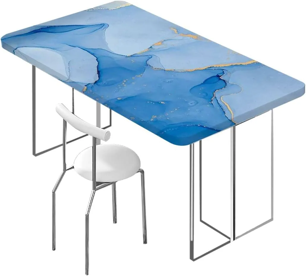 OOzie Multicolor Elastic Edge Fitted Tablecloth, Cloudy Hazy Crack Lines Rectangle Table Cover for Outdoor Picnic Camping Parties Blue Purple Marble Fits up 5 Foot Tables