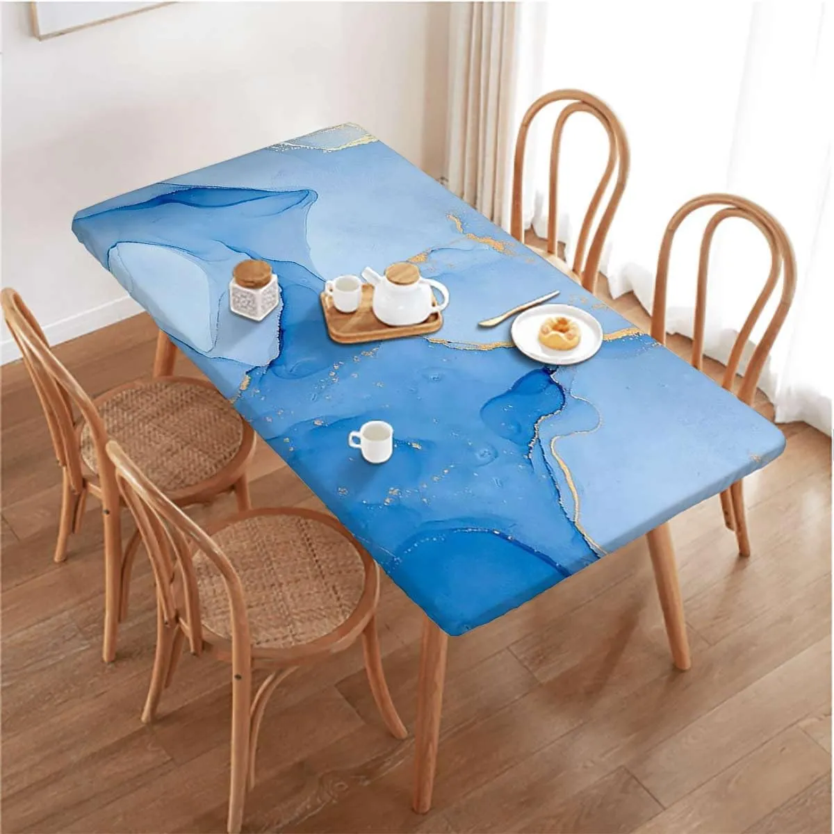 OOzie Multicolor Elastic Edge Fitted Tablecloth, Cloudy Hazy Crack Lines Rectangle Table Cover for Outdoor Picnic Camping Parties Blue Purple Marble Fits up 5 Foot Tables