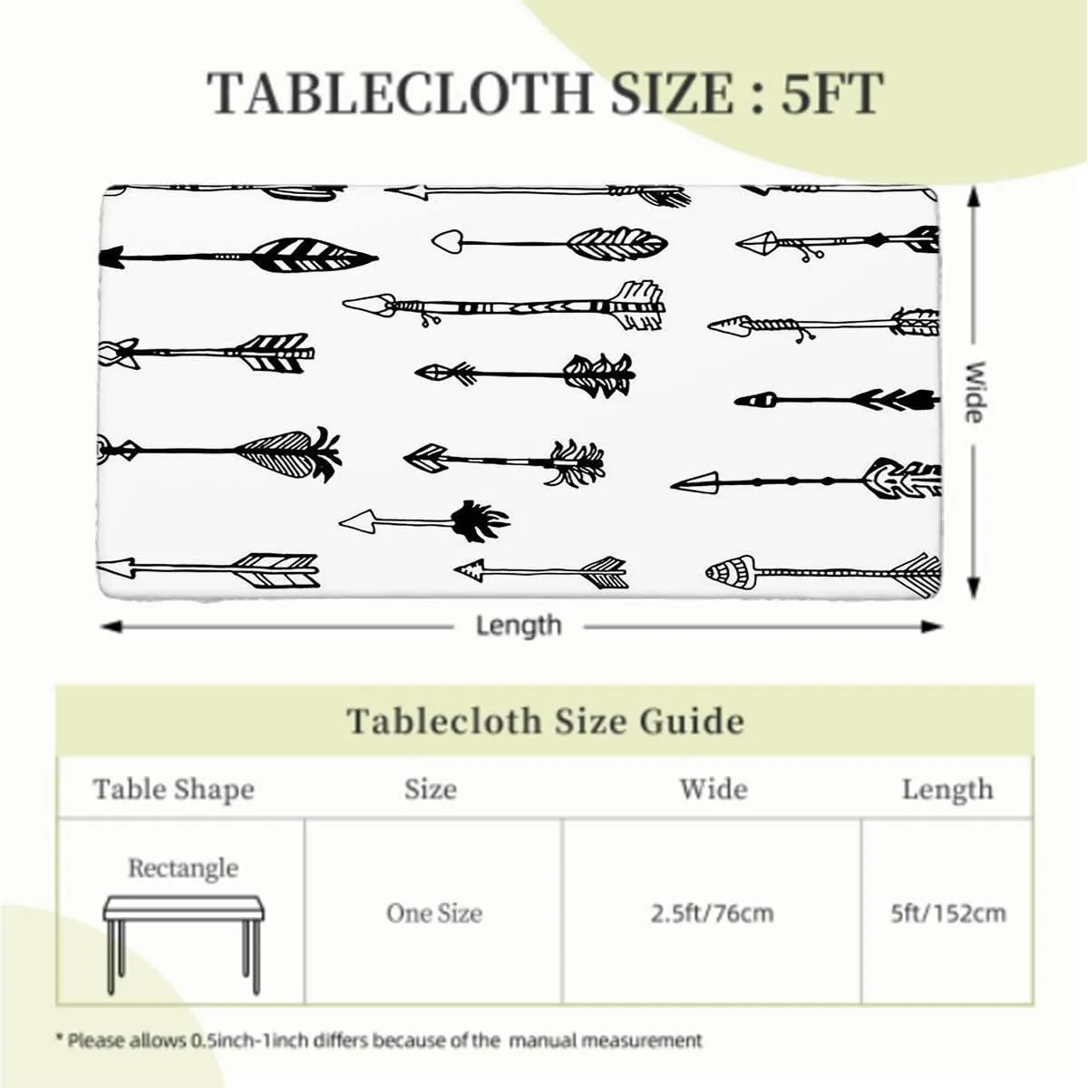 OOzie White Black Fitted Tablecloth for Rectangle Table Vintage Tribal Arrows Pattern Style Art Waterproof Wipeable Table Cloth Protector Arrow Fits up 5 Foot Tables