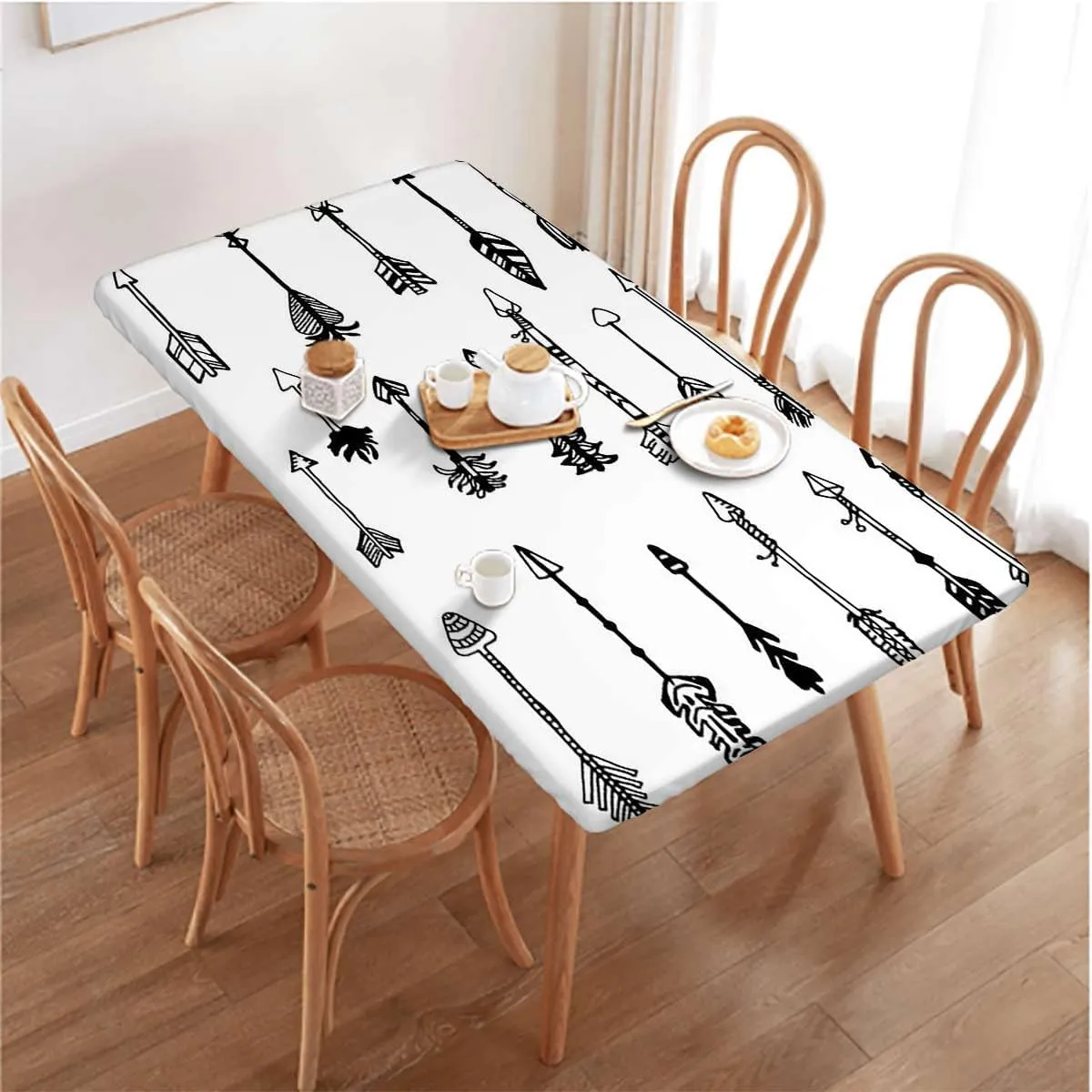 OOzie White Black Fitted Tablecloth for Rectangle Table Vintage Tribal Arrows Pattern Style Art Waterproof Wipeable Table Cloth Protector Arrow Fits up 5 Foot Tables