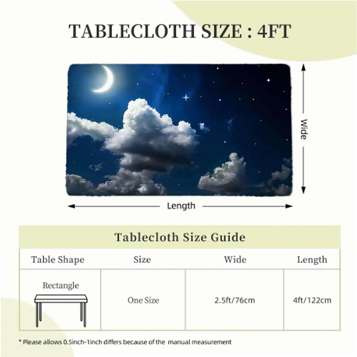 OOzie Yellow Purple Fitted Tablecloth for Rectangle Table Moon Cloudy Illustration Waterproof Tablecloths for Picnic, Camping, Indoor, Outdoor Dreams Themed Fits up 4 Foot Tables