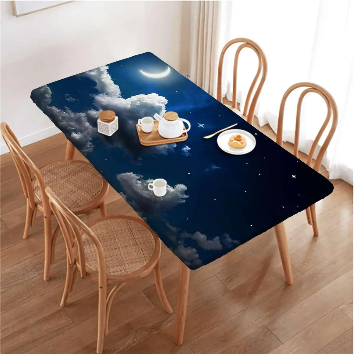 OOzie Yellow Purple Fitted Tablecloth for Rectangle Table Moon Cloudy Illustration Waterproof Tablecloths for Picnic, Camping, Indoor, Outdoor Dreams Themed Fits up 4 Foot Tables