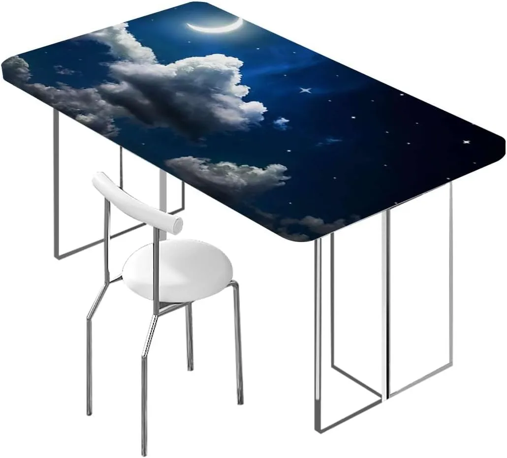 OOzie Yellow Purple Fitted Tablecloth for Rectangle Table Moon Cloudy Illustration Waterproof Tablecloths for Picnic, Camping, Indoor, Outdoor Dreams Themed Fits up 4 Foot Tables