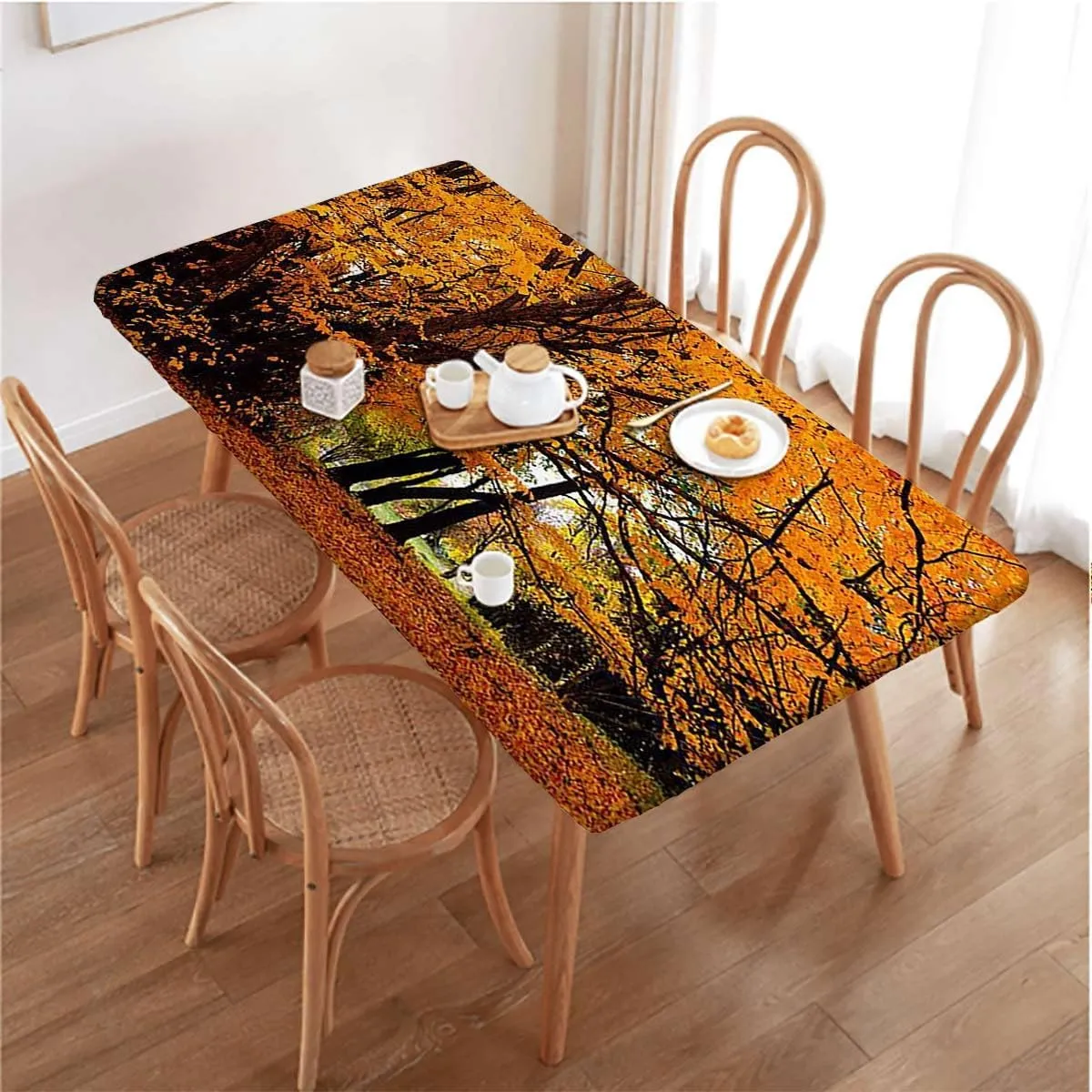 Orange Brown Rectangular Table Covers, Pale Maple Leaves Forest Fitted Spandex Stretch Square Table Covers Caps Elastic Square Tablecloth Gold Fall Scenery Fits up 5 Foot Tables