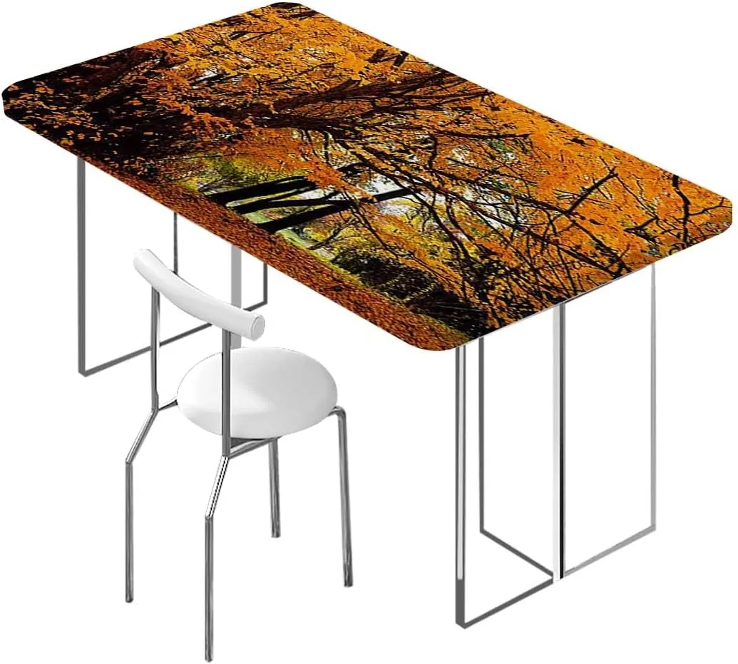 Orange Brown Rectangular Table Covers, Pale Maple Leaves Forest Fitted Spandex Stretch Square Table Covers Caps Elastic Square Tablecloth Gold Fall Scenery Fits up 5 Foot Tables