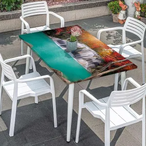 Orange Brown Turquoise Rectangle Table Cloth Cover, Deep Forest Waterfall Forest Rectangle Table Cover for Outdoor Picnic Camping Parties Waterfall Fits up 5 Foot Tables