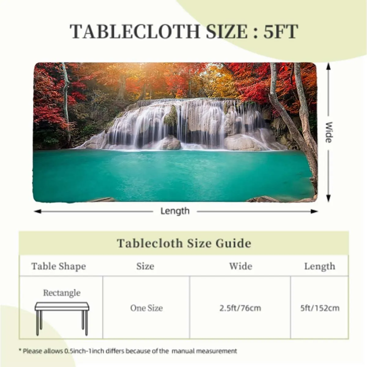 Orange Brown Turquoise Rectangle Table Cloth Cover, Deep Forest Waterfall Forest Rectangle Table Cover for Outdoor Picnic Camping Parties Waterfall Fits up 5 Foot Tables