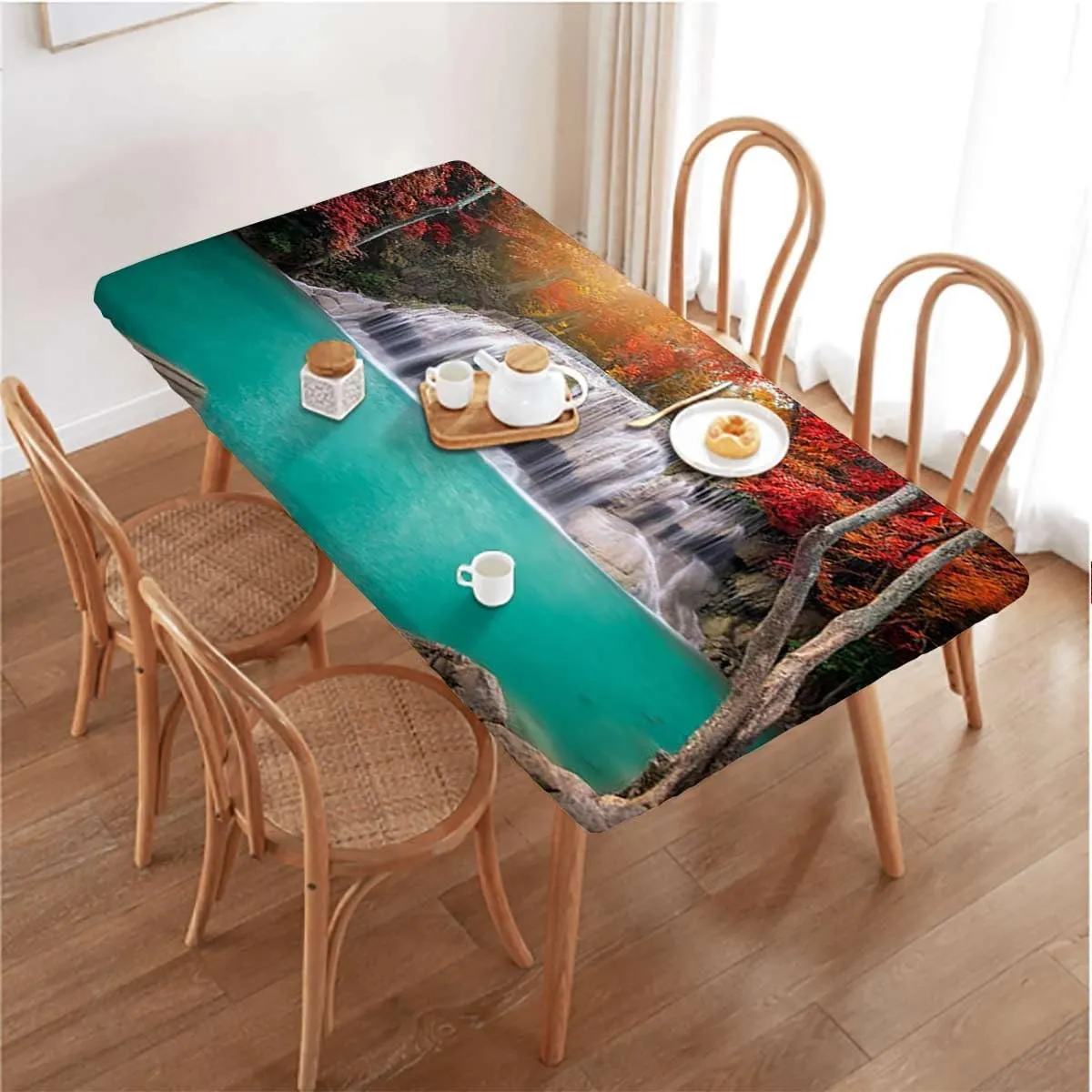 Orange Brown Turquoise Rectangle Table Cloth Cover, Deep Forest Waterfall Forest Rectangle Table Cover for Outdoor Picnic Camping Parties Waterfall Fits up 5 Foot Tables