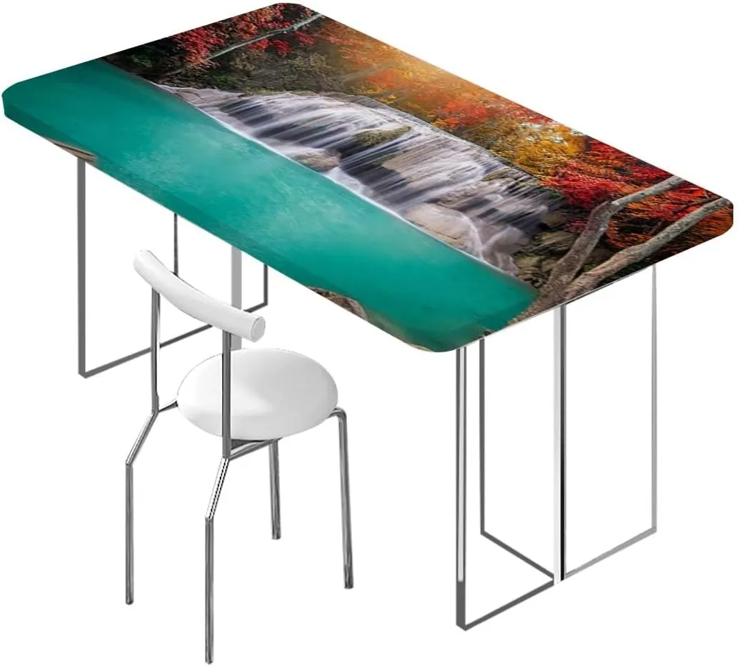 Orange Brown Turquoise Rectangle Table Cloth Cover, Deep Forest Waterfall Forest Rectangle Table Cover for Outdoor Picnic Camping Parties Waterfall Fits up 5 Foot Tables