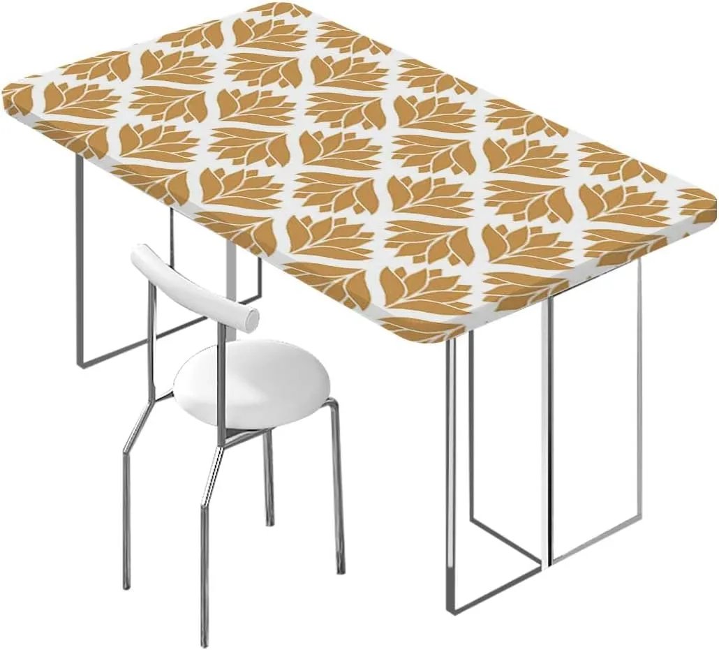 Orange Elastic Fitted Tablecloth Abstract Waves Pattern Elastic Oilproof Waterproof Tablecloth Classic Golden Leaves Art Fits up 4 Foot Tables