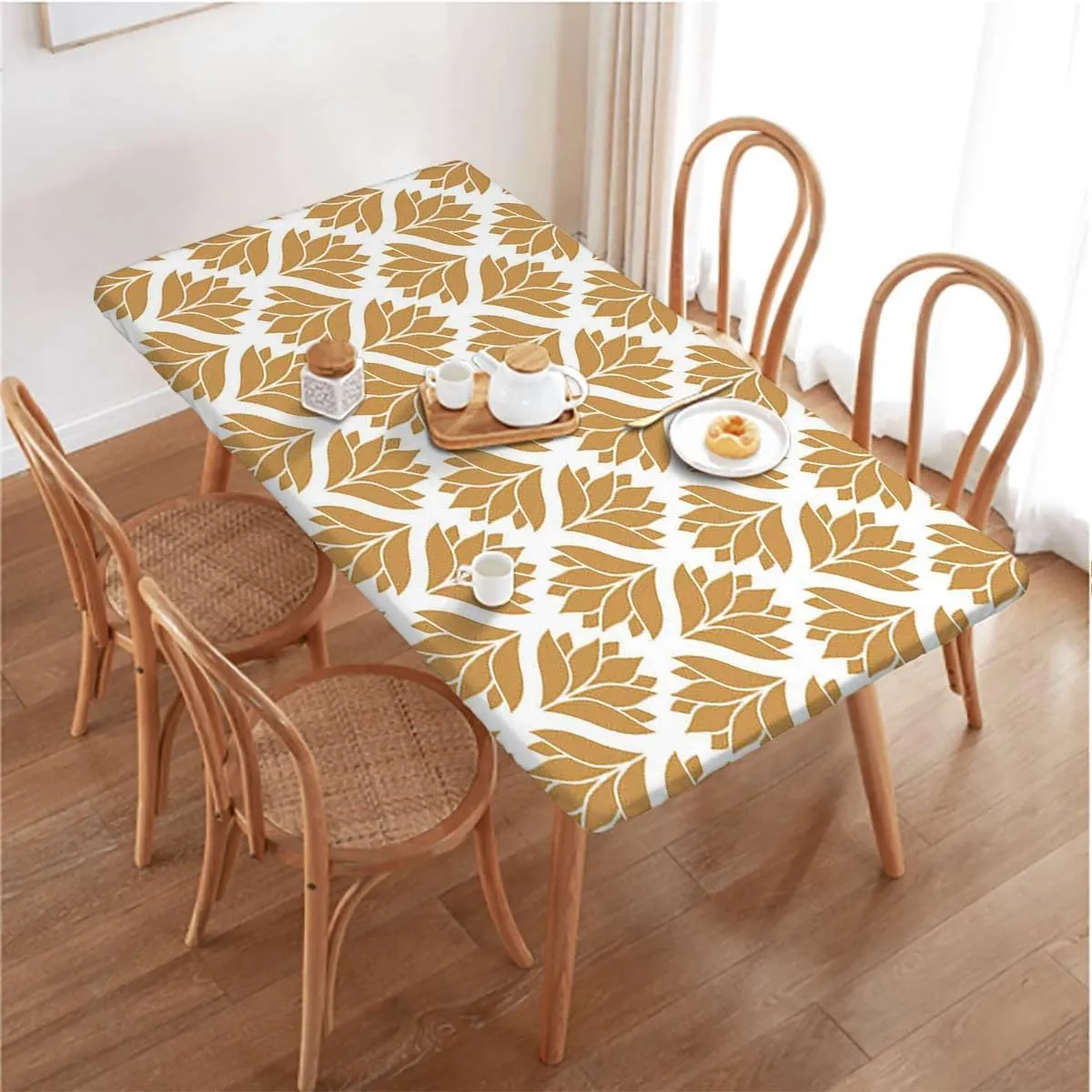 Orange Elastic Fitted Tablecloth Abstract Waves Pattern Elastic Oilproof Waterproof Tablecloth Classic Golden Leaves Art Fits up 4 Foot Tables