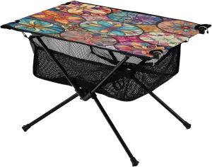Ornamental Geometric Pattern Portable Folding Camping Table, Compact Lightweight Beach Table with Carrying Bag for Outdoor Picnics, BBQs, Camp