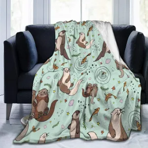 Otter Blanket Sea Otters Throw Blanket Green Small Flannel Lap Otter Gifts for Women Kids Cozy Noon Break No Shedding Fleece Sofa Throws for Office Couch Car - 40''x50''