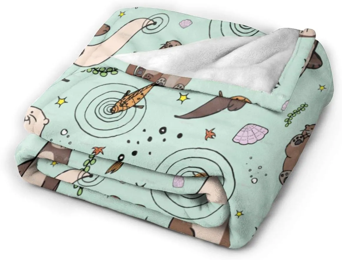 Otter Blanket Sea Otters Throw Blanket Green Small Flannel Lap Otter Gifts for Women Kids Cozy Noon Break No Shedding Fleece Sofa Throws for Office Couch Car - 40''x50''