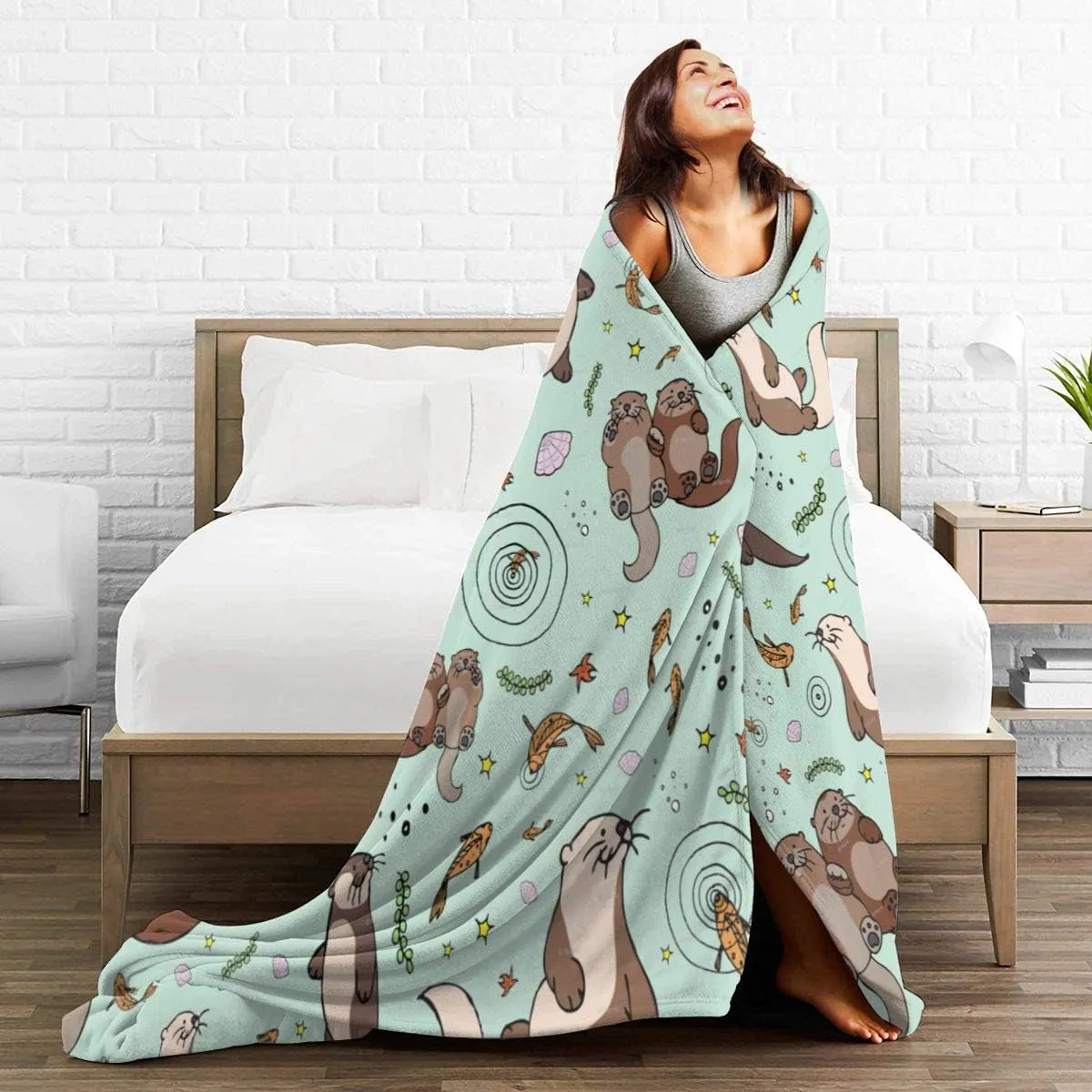 Otter Blanket Sea Otters Throw Blanket Green Small Flannel Lap Otter Gifts for Women Kids Cozy Noon Break No Shedding Fleece Sofa Throws for Office Couch Car - 40''x50''