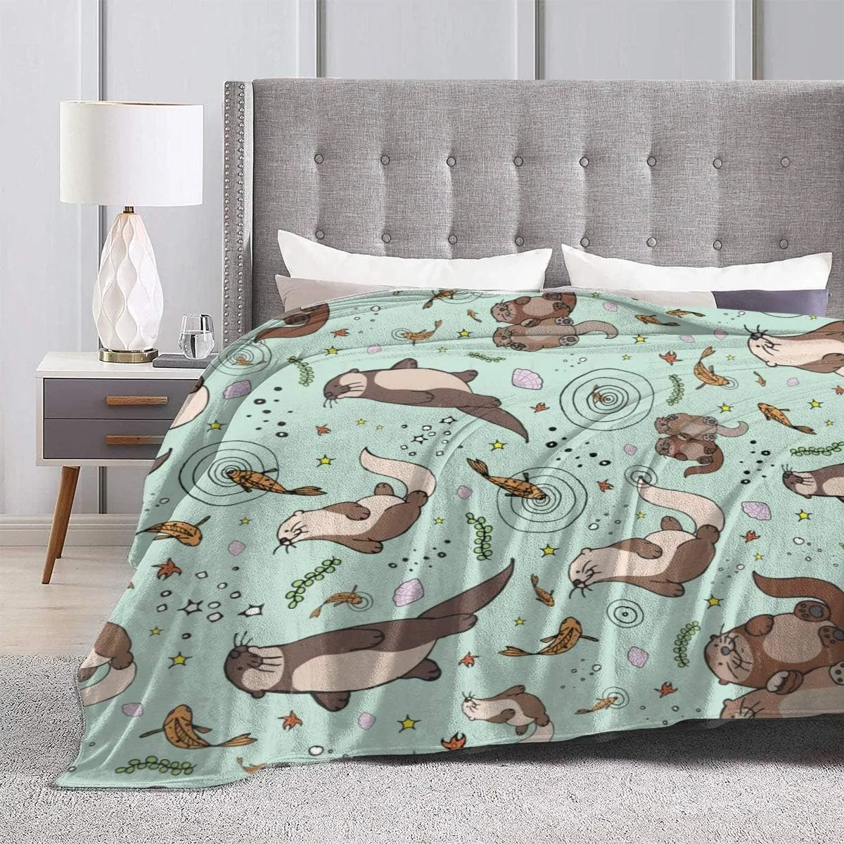 Otter Blanket Sea Otters Throw Blanket Green Small Flannel Lap Otter Gifts for Women Kids Cozy Noon Break No Shedding Fleece Sofa Throws for Office Couch Car - 40''x50''