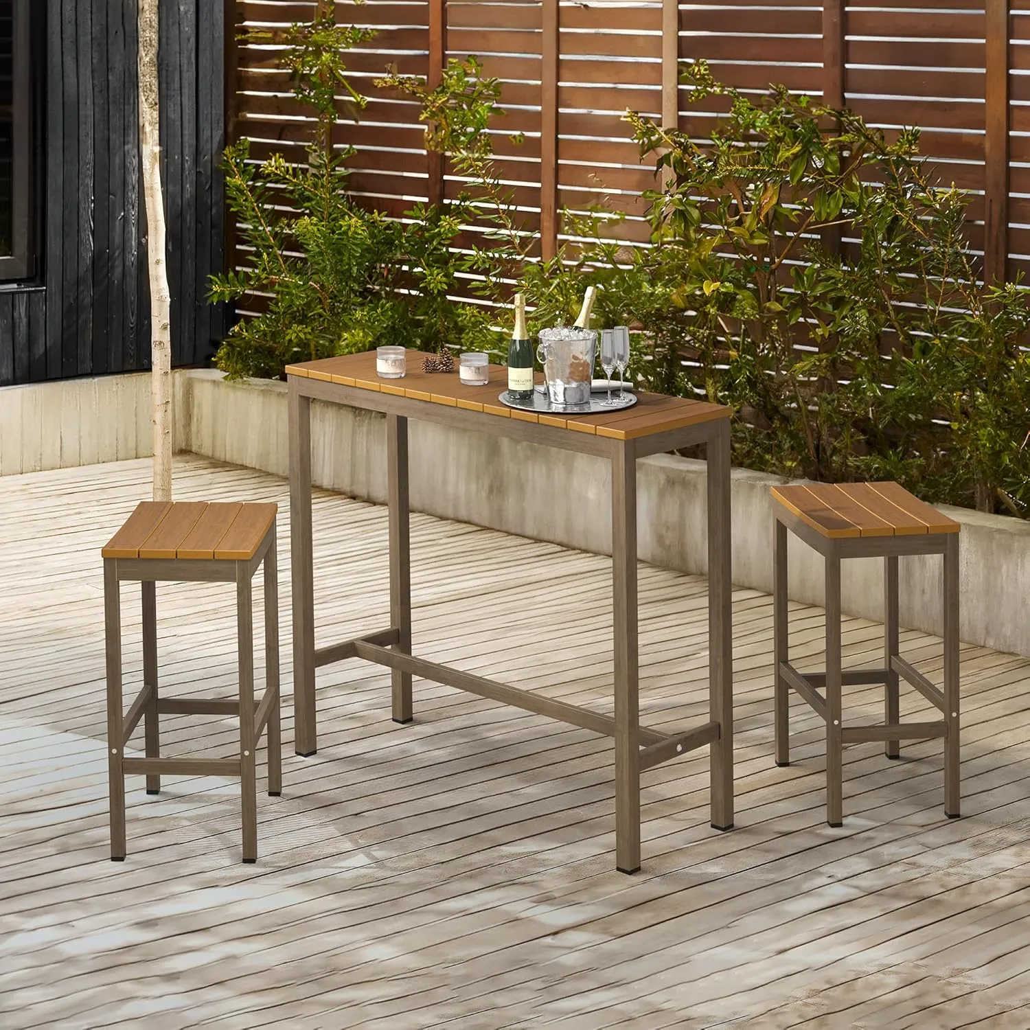 Outdoor Bar Stools Set of 2, 26 Inch All Weather HDPS Patio Counter Height Barstools with Footrest, Aluminum Bar Stool Chairs for Hot Tub, Balcony, Yard, Indoor Or Outdoor Use, Teak