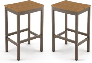 Outdoor Bar Stools Set of 2, 26 Inch All Weather HDPS Patio Counter Height Barstools with Footrest, Aluminum Bar Stool Chairs for Hot Tub, Balcony, Yard, Indoor Or Outdoor Use, Teak