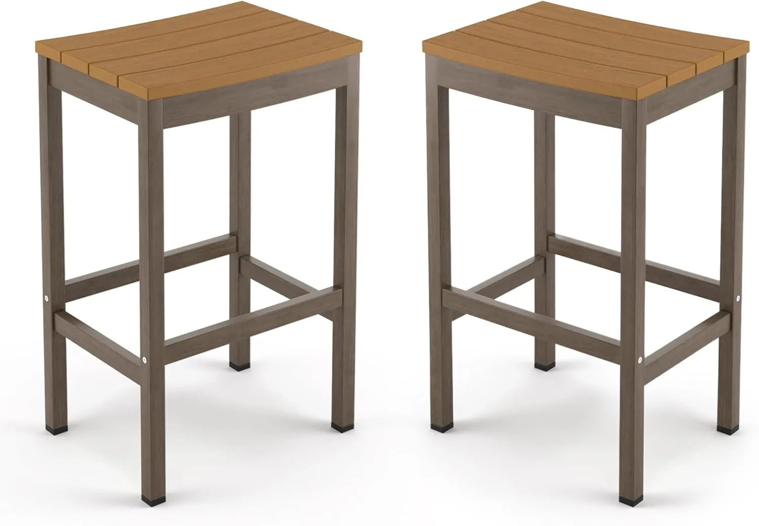 Outdoor Bar Stools Set of 2, 26 Inch All Weather HDPS Patio Counter Height Barstools with Footrest, Aluminum Bar Stool Chairs for Hot Tub, Balcony, Yard, Indoor Or Outdoor Use, Teak