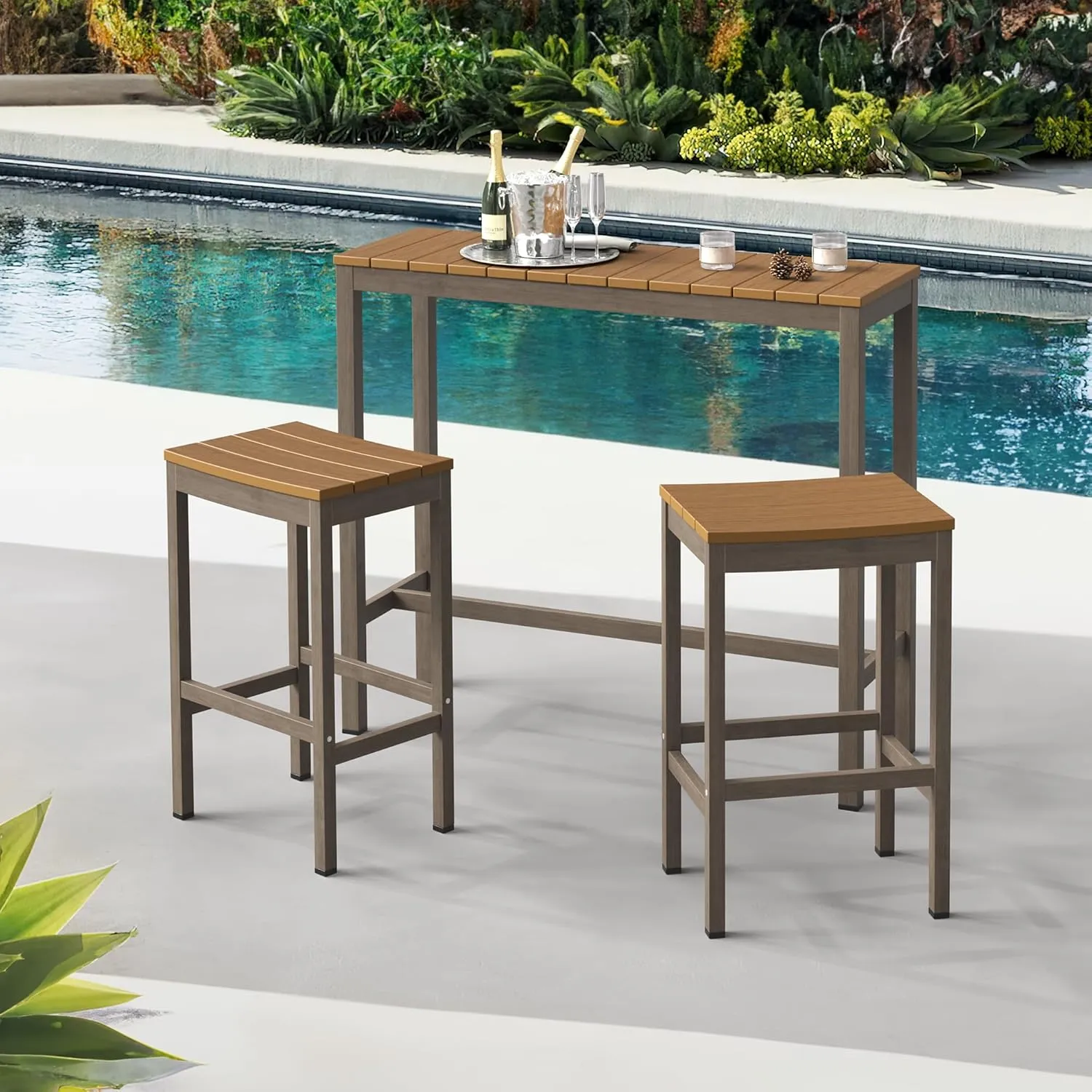 Outdoor Bar Stools Set of 2, 26 Inch All Weather HDPS Patio Counter Height Barstools with Footrest, Aluminum Bar Stool Chairs for Hot Tub, Balcony, Yard, Indoor Or Outdoor Use, Teak