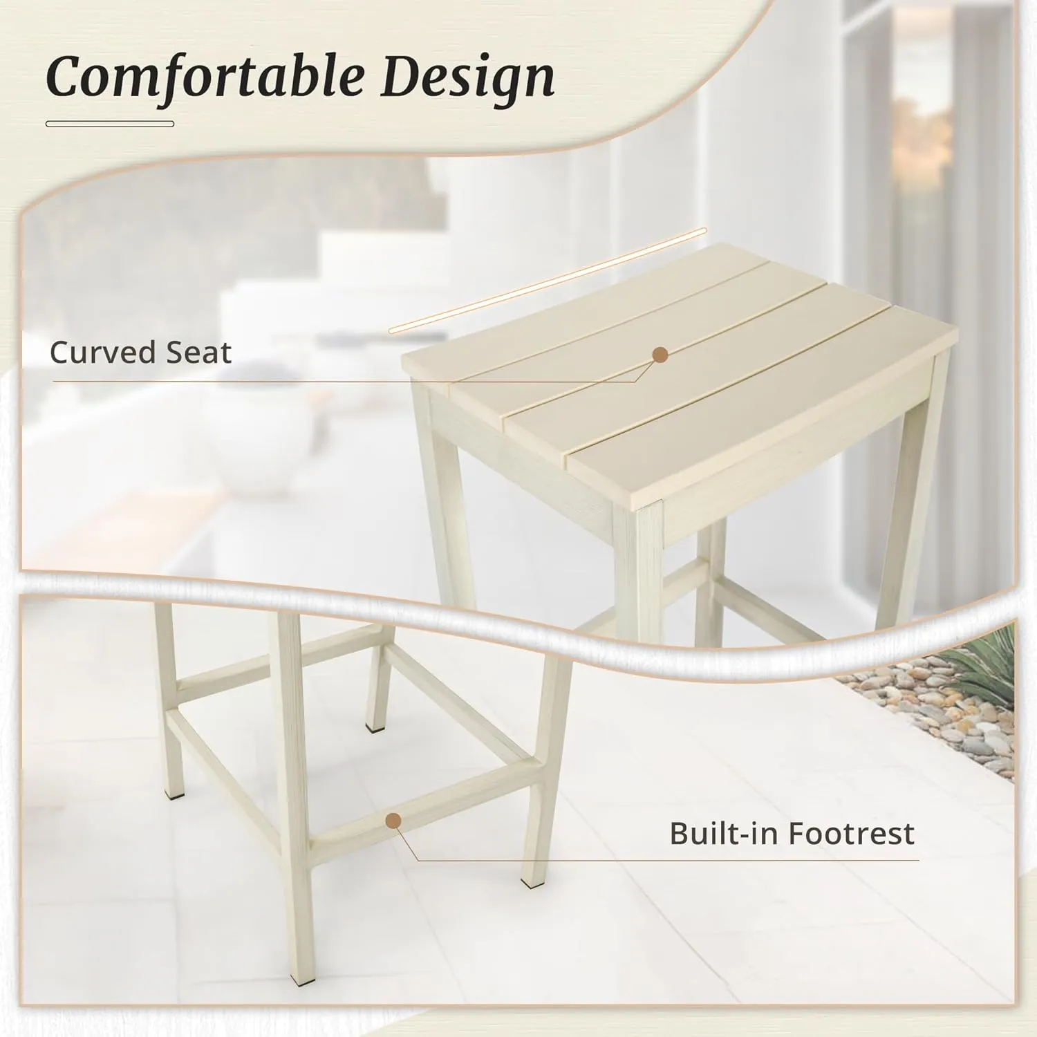 Outdoor Bar Stools Set of 2, 26 Inch All Weather HDPS Patio Counter Height Barstools with Footrest, Aluminum Bar Stool Chairs for Hot Tub, Balcony, Yard, Indoor Or Outdoor Use,Sand