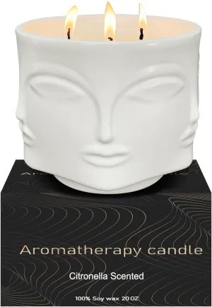 Outdoor Decorative White Large Citronella Candle, 20oz, Ceramic, Repelling 3 Wick Scented Candles, 100% Soy, for Patio Decor, Outside Table Decor, Camping Accessories