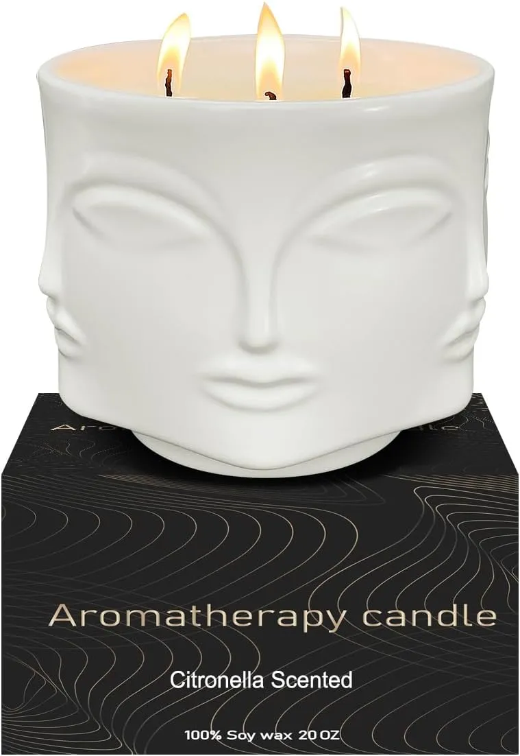 Outdoor Decorative White Large Citronella Candle, 20oz, Ceramic, Repelling 3 Wick Scented Candles, 100% Soy, for Patio Decor, Outside Table Decor, Camping Accessories