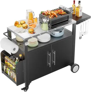 Outdoor Grill Cart with Storage, Movable Outdoor Grill Table for Parties and Home Gatherings, Waterproof Patio Kitchen Island with Hooks and Spice Rack,Versatile BBQ Serving Cart