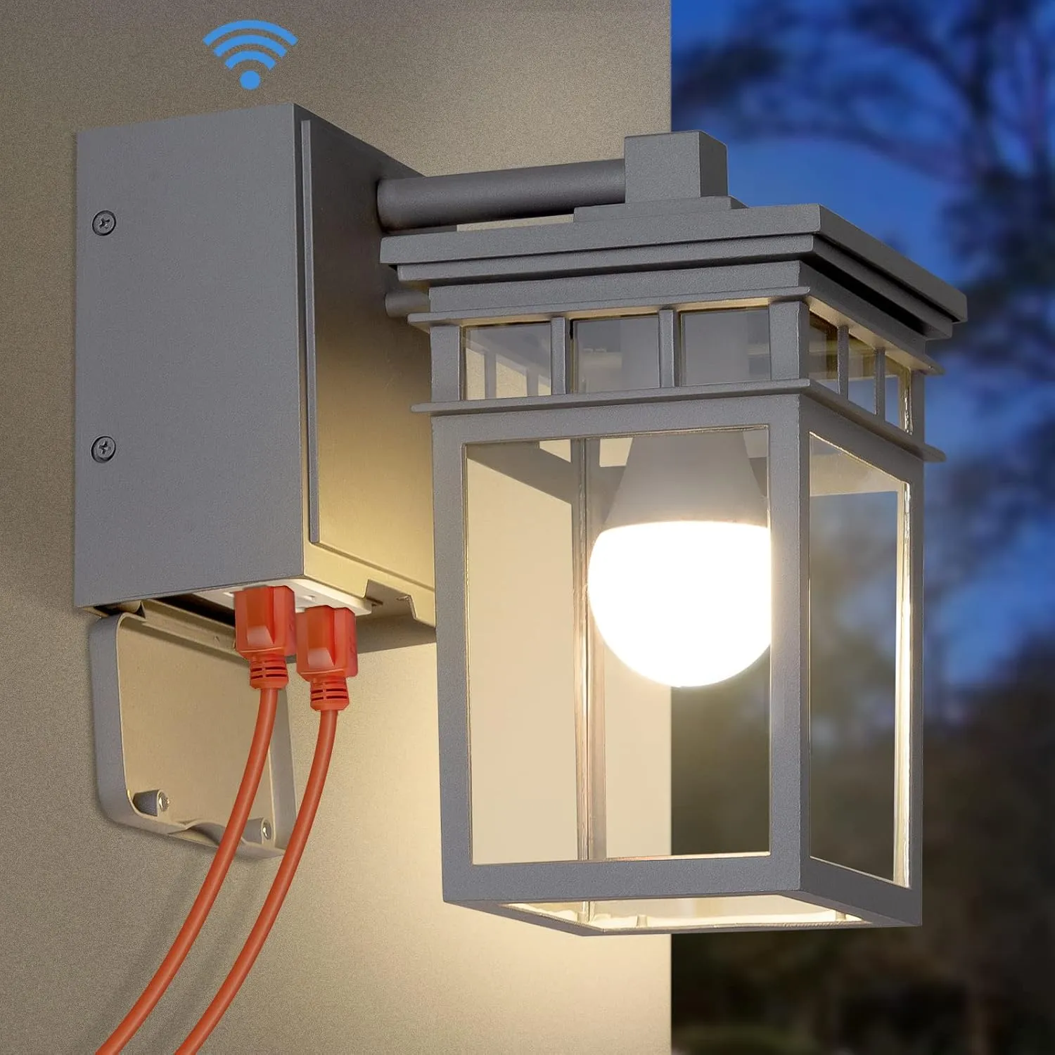 Outdoor Porch Light with GFCI Outlet Built in, Dusk to Dawn Outdoor Lighting with Clear Glass Shade, Waterproof Outdoor Wall Sconce Exterior Lights for House Garage Front Door, Bulb Included(Gray)