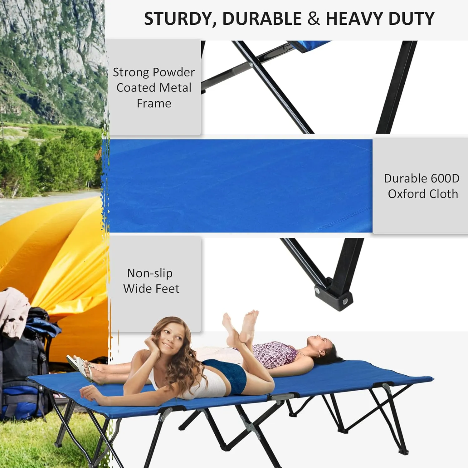 Outsunny 2 Person Folding Camping Cot for Adults, 50" Extra Wide Outdoor Portable Sleeping Cot with Carry Bag, Elevated Camping Bed, Beach Hiking, Blue