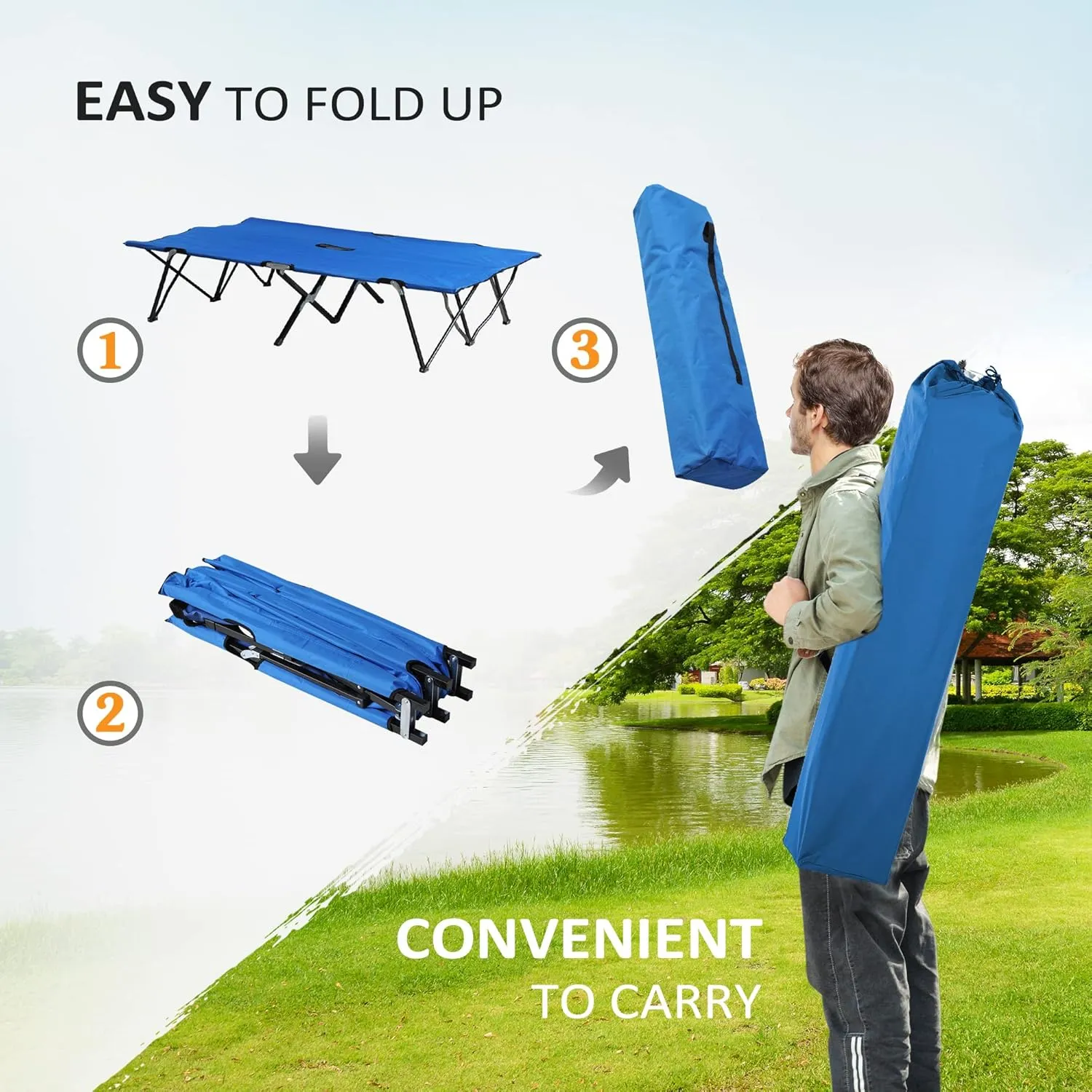 Outsunny 2 Person Folding Camping Cot for Adults, 50" Extra Wide Outdoor Portable Sleeping Cot with Carry Bag, Elevated Camping Bed, Beach Hiking, Blue