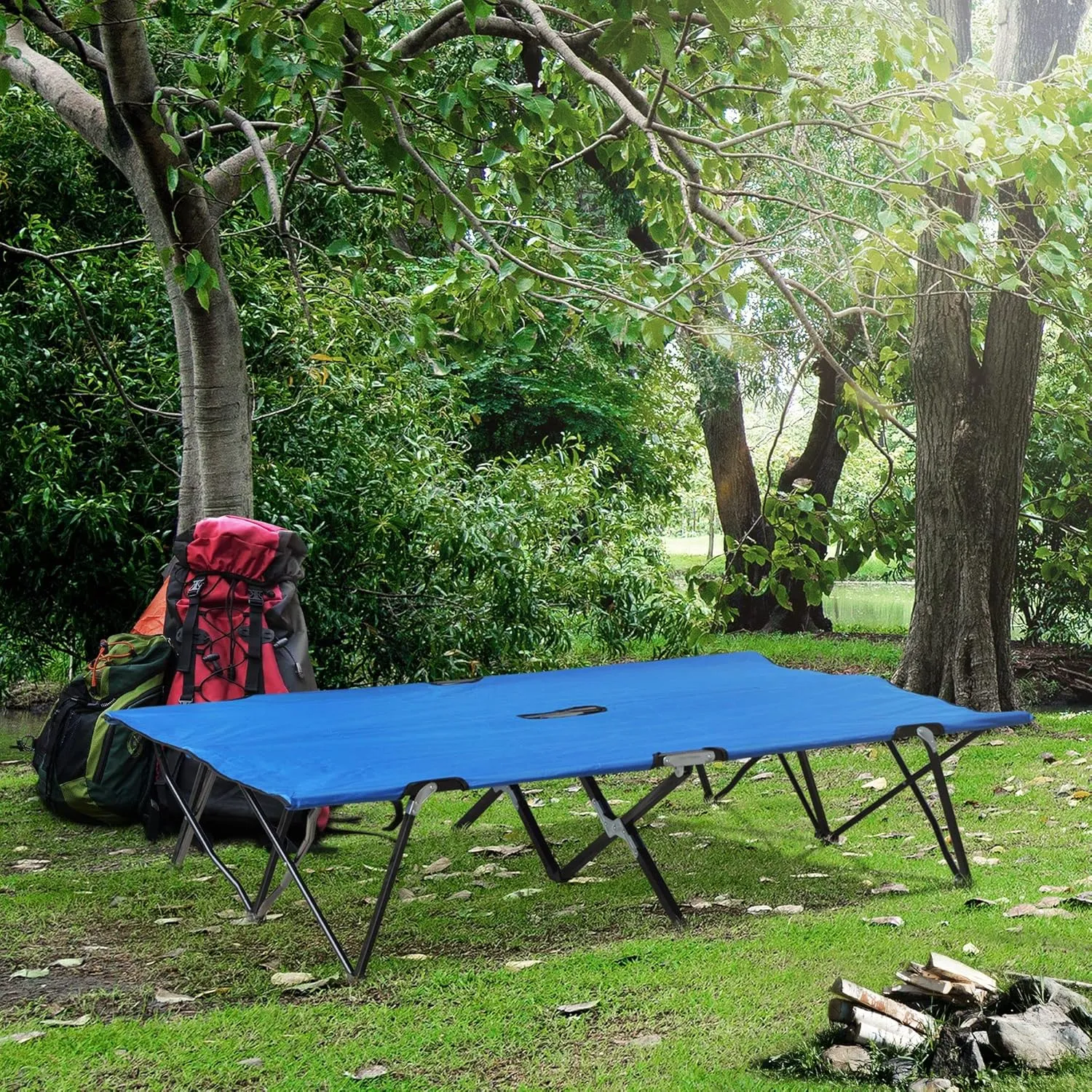 Outsunny 2 Person Folding Camping Cot for Adults, 50" Extra Wide Outdoor Portable Sleeping Cot with Carry Bag, Elevated Camping Bed, Beach Hiking, Blue