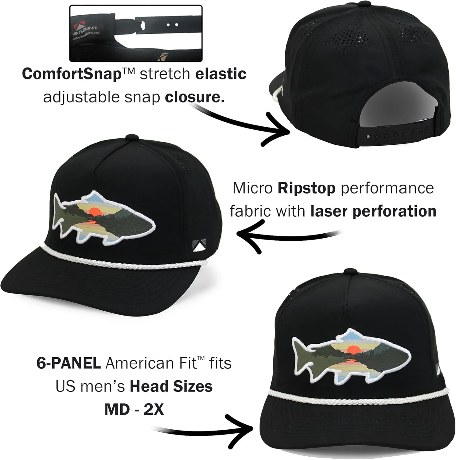 Paramount Outdoors Sunset Trout Fishing Hat Mountain Fish Silhouette Performance Outdoor Hat with Comfort Snapback