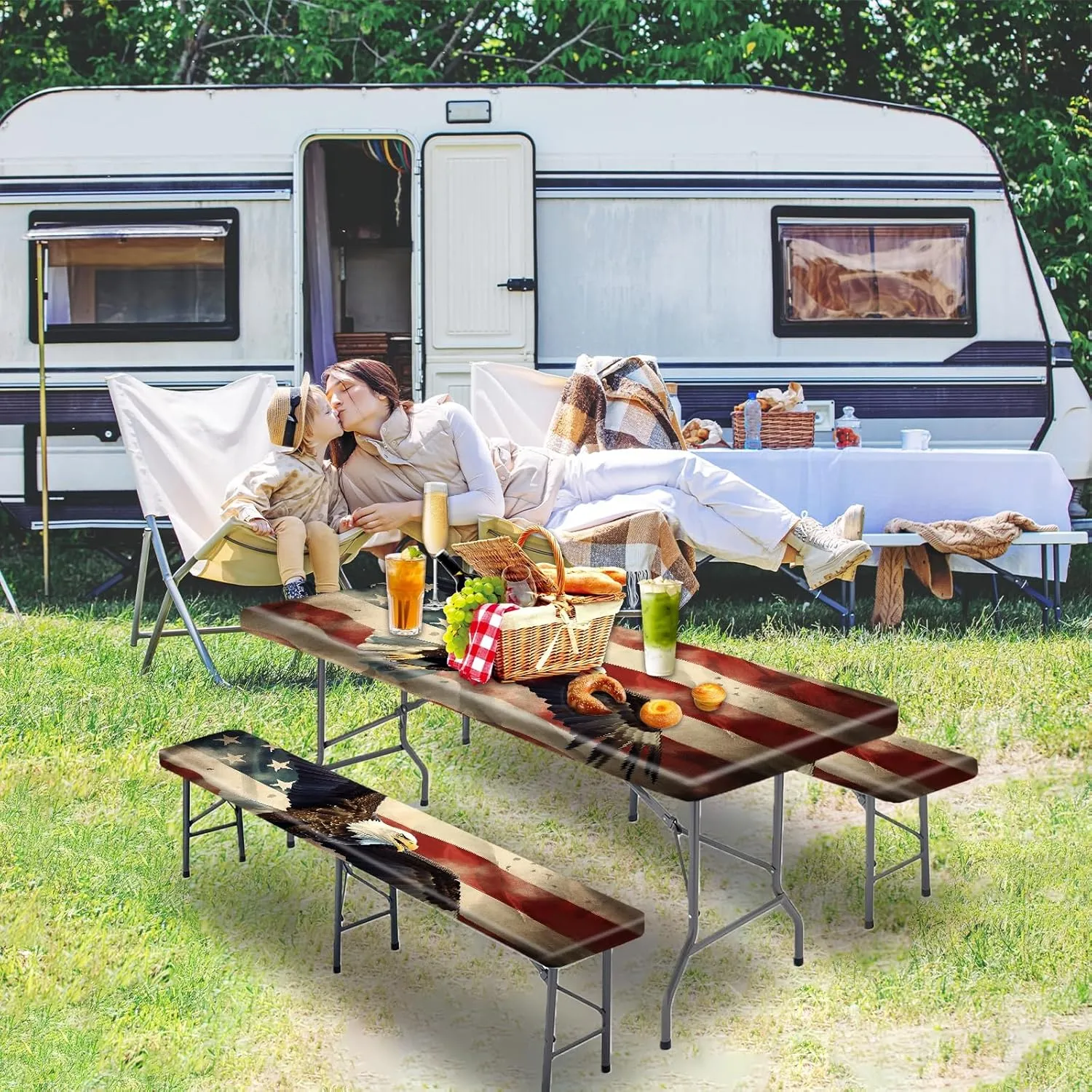 Park Picnic Table Cover with Bench Covers Lightweight Camping Essentials, Oil-Proof Waterproof 3PCS Tablecloth with Elastic, Fitted for Table 6FT Rectangle and Seats, American Flag Eagle (72x30in)