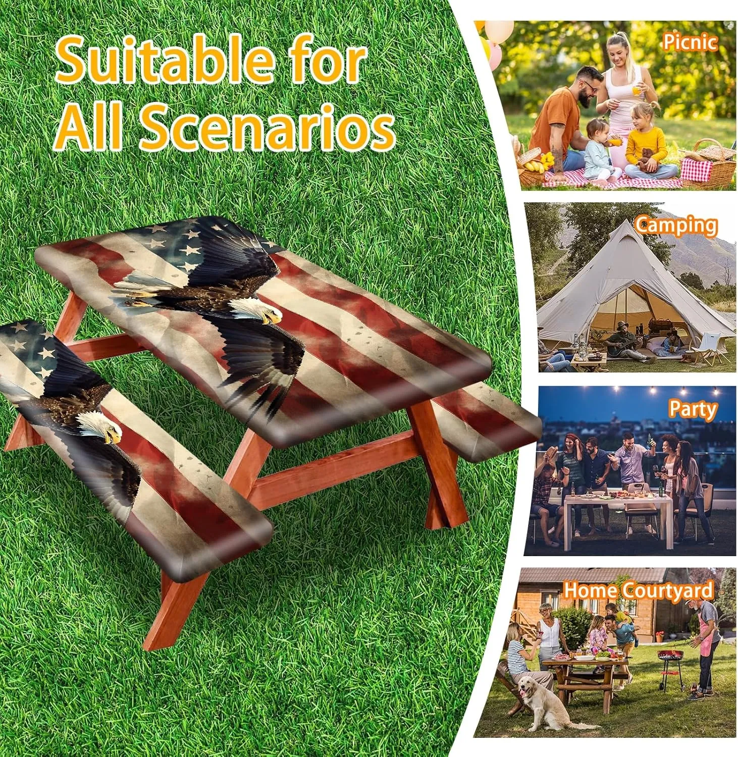 Park Picnic Table Cover with Bench Covers Lightweight Camping Essentials, Oil-Proof Waterproof 3PCS Tablecloth with Elastic, Fitted for Table 6FT Rectangle and Seats, American Flag Eagle (72x30in)