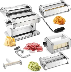 Pasta Maker Deluxe Set 5 pc Premium Stainless Steel Machine w Spaghetti Fettuccini Roller Angel Hair Ravioli Noodle Lasagnette Cutter Attachments- Durable Construction, Homemade Italian Dinner Party