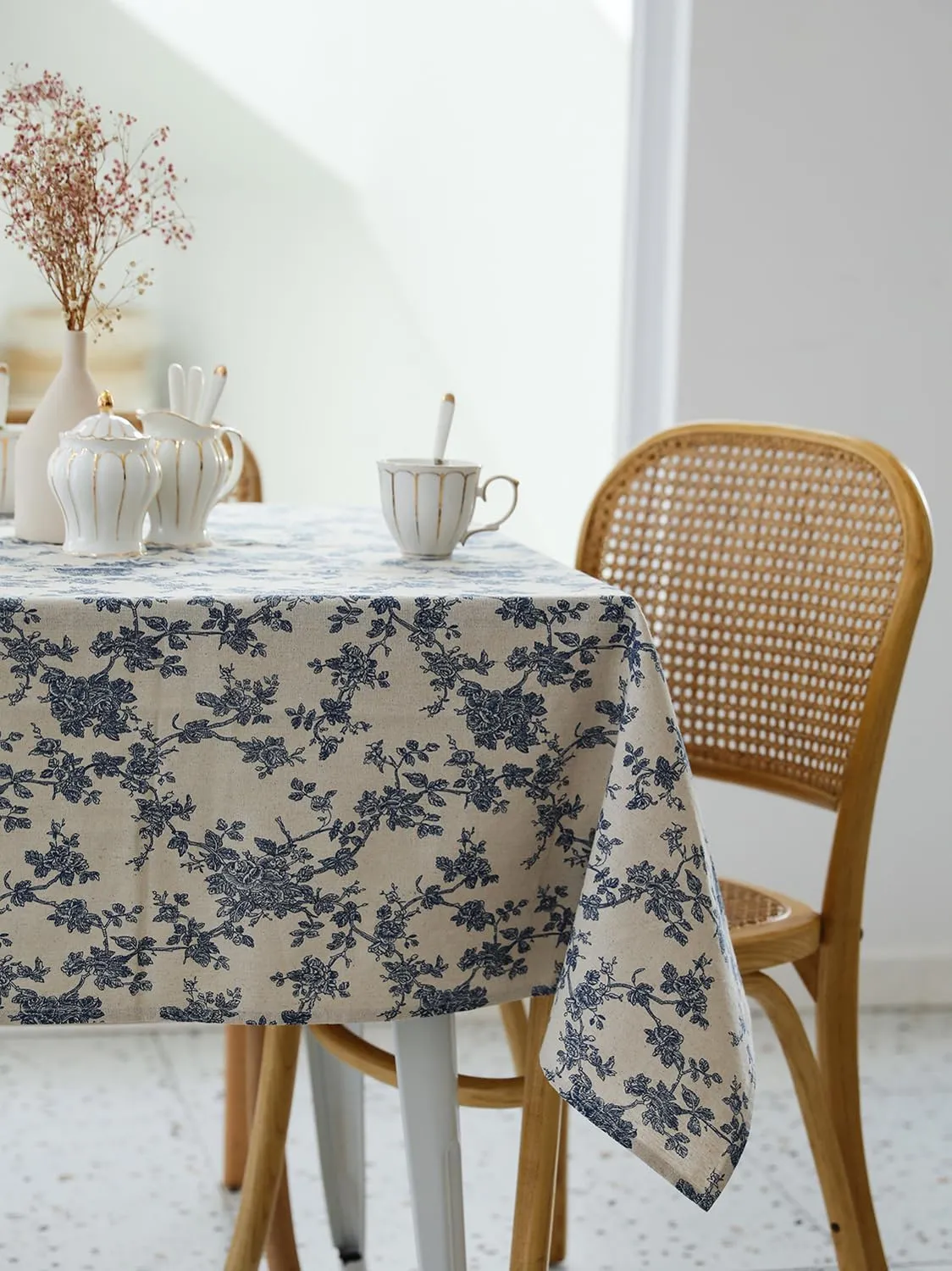 Pastoral Rectangle Tablecloth - 52 x 70 Inch - Linen Fabric Table Cloth - Washable Table Cover with Dust-Proof Wrinkle Resistant for Restaurant, Picnic, Indoor and Outdoor Dining, Floral (Dark Blue)
