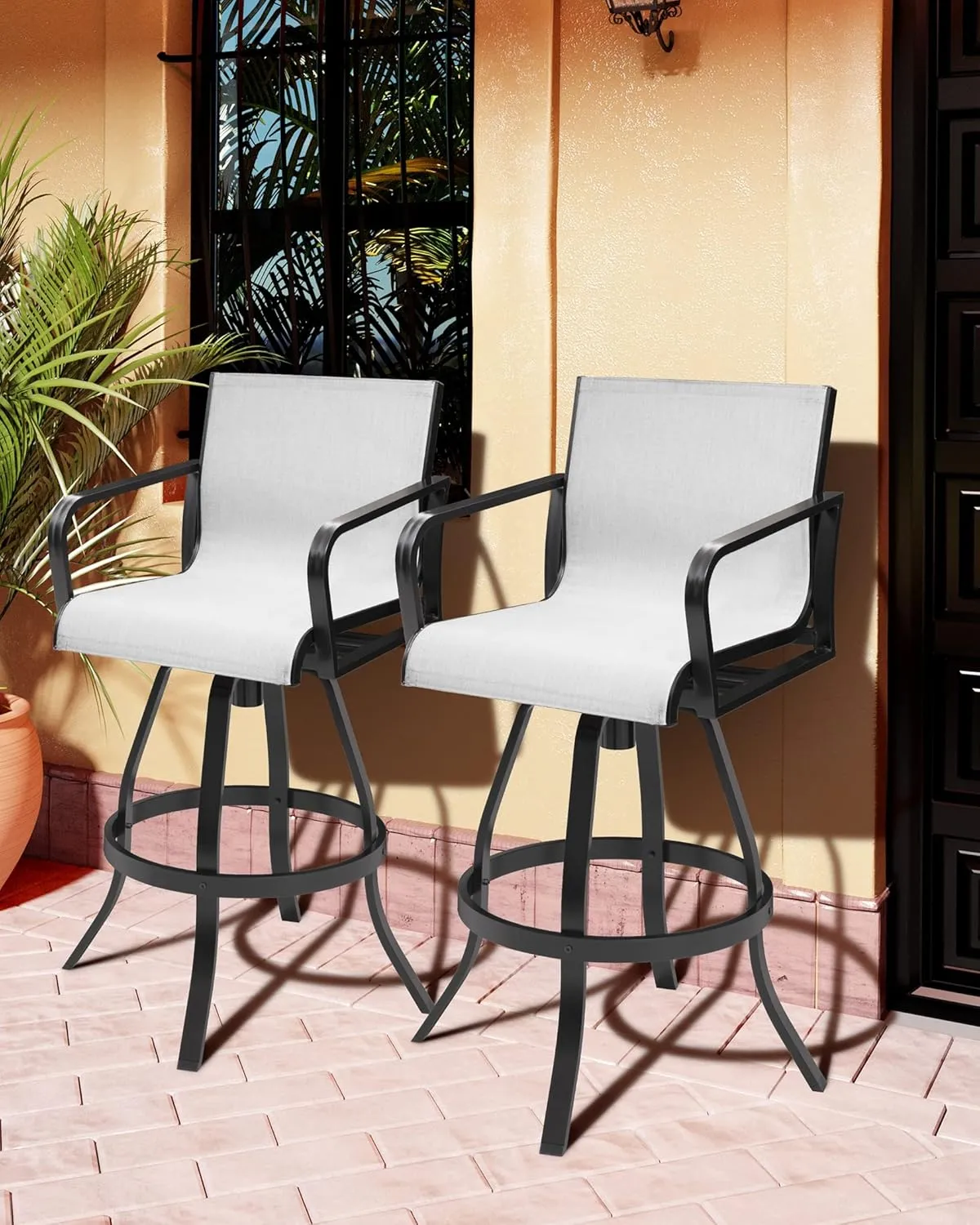 Pellebant 30" Outdoor Swivel Bar Stools Set of 2, Aluminum Barstools with Back& Arms, All Weather Textilene Bar Height Stool Chairs for Patio, Pool, Garden, Backyard, Oyster