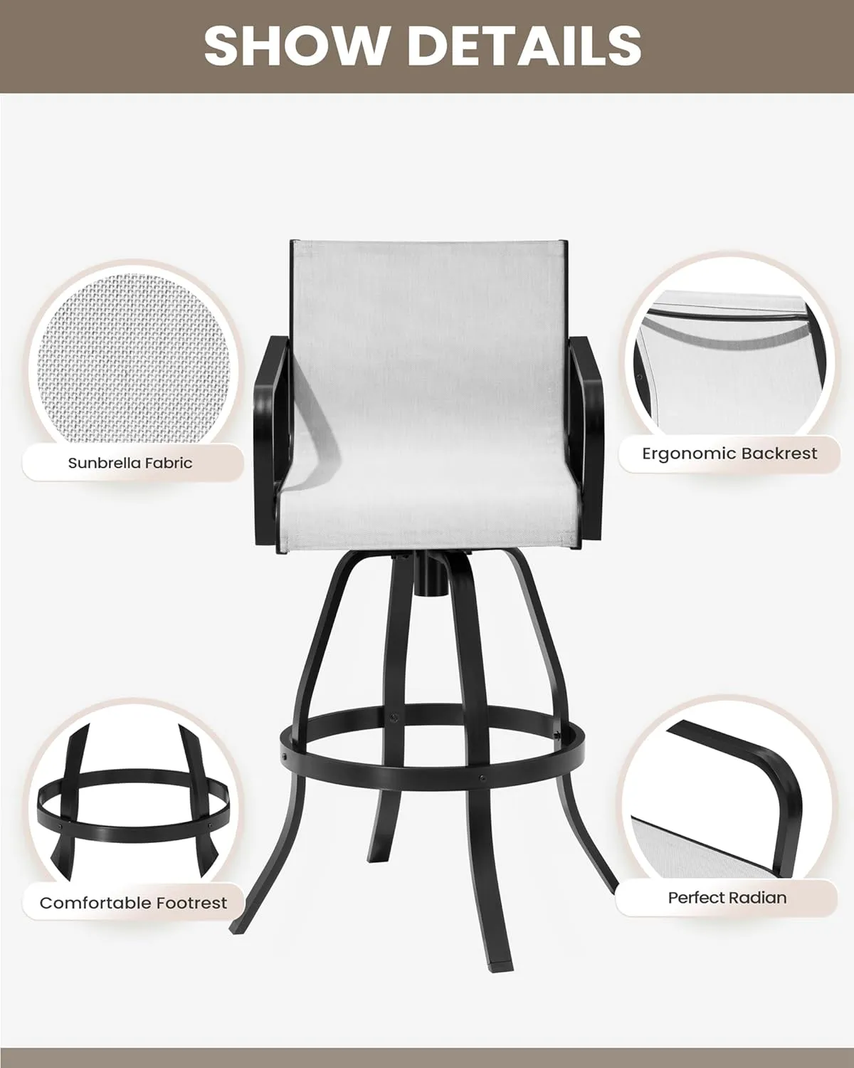 Pellebant 30" Outdoor Swivel Bar Stools Set of 2, Aluminum Barstools with Back& Arms, All Weather Textilene Bar Height Stool Chairs for Patio, Pool, Garden, Backyard, Oyster