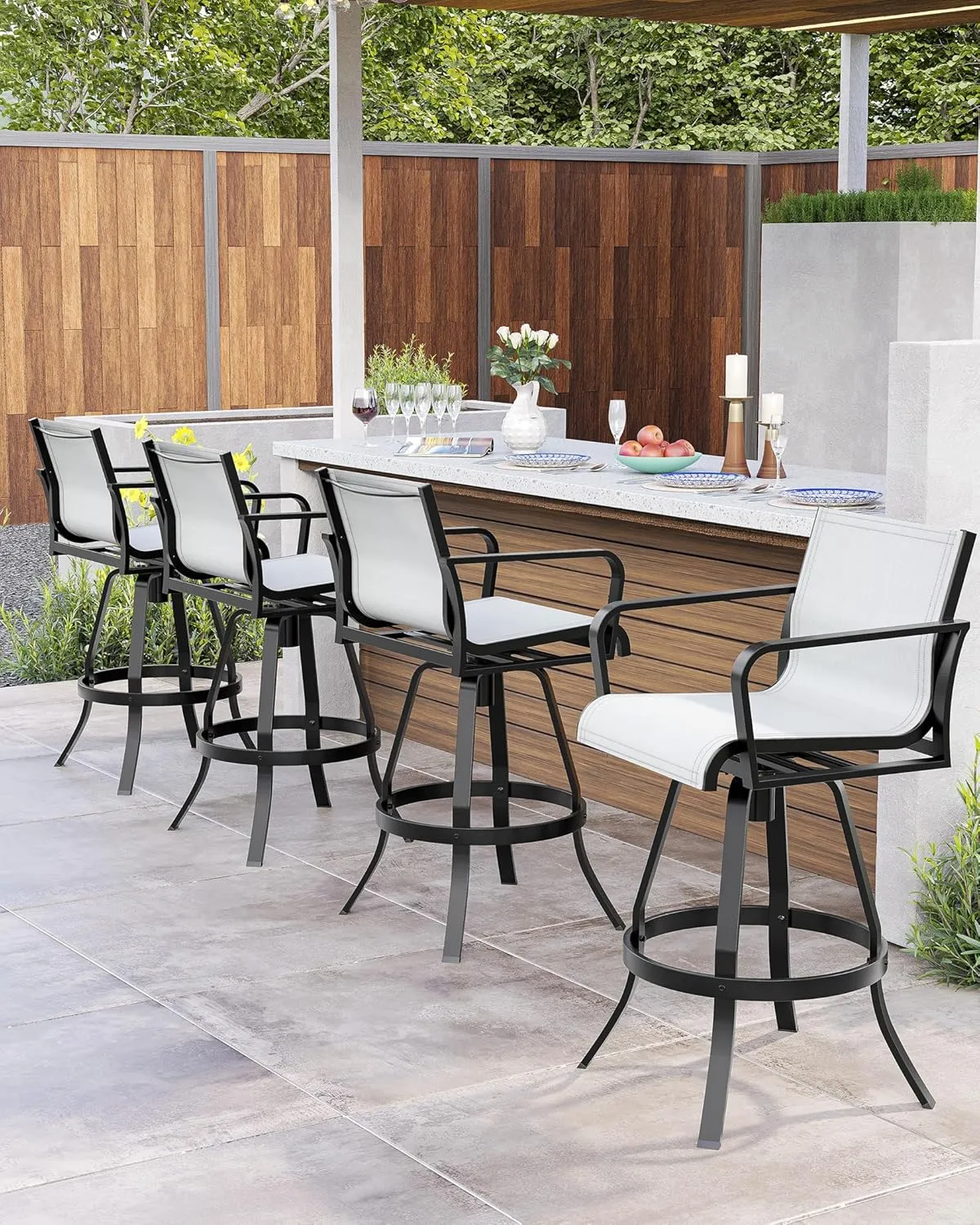 Pellebant 30" Outdoor Swivel Bar Stools Set of 2, Aluminum Barstools with Back& Arms, All Weather Textilene Bar Height Stool Chairs for Patio, Pool, Garden, Backyard, Oyster