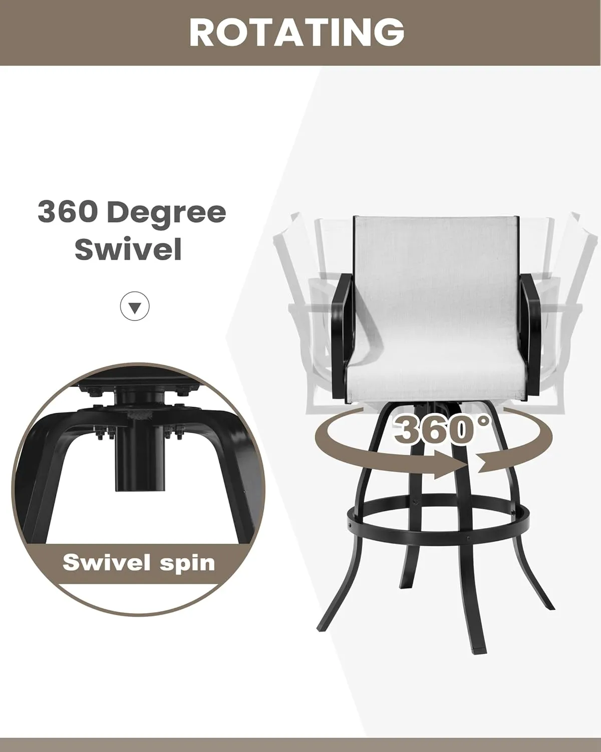 Pellebant 30" Outdoor Swivel Bar Stools Set of 2, Aluminum Barstools with Back& Arms, All Weather Textilene Bar Height Stool Chairs for Patio, Pool, Garden, Backyard, Oyster