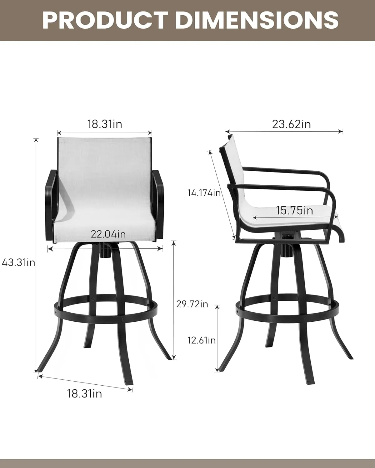 Pellebant 30" Outdoor Swivel Bar Stools Set of 2, Aluminum Barstools with Back& Arms, All Weather Textilene Bar Height Stool Chairs for Patio, Pool, Garden, Backyard, Oyster